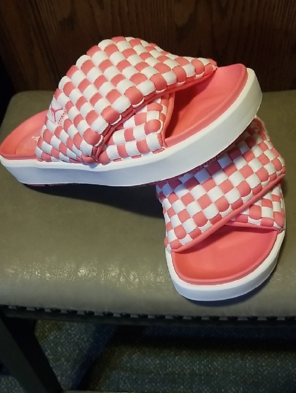 Jordan Sophia Coral Pink and White Woven Slide Sandals